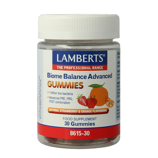 Lamberts Bioom Balans Advanced Gummies, herbal supplement in a clear bottle with 30 gummies on a white background.