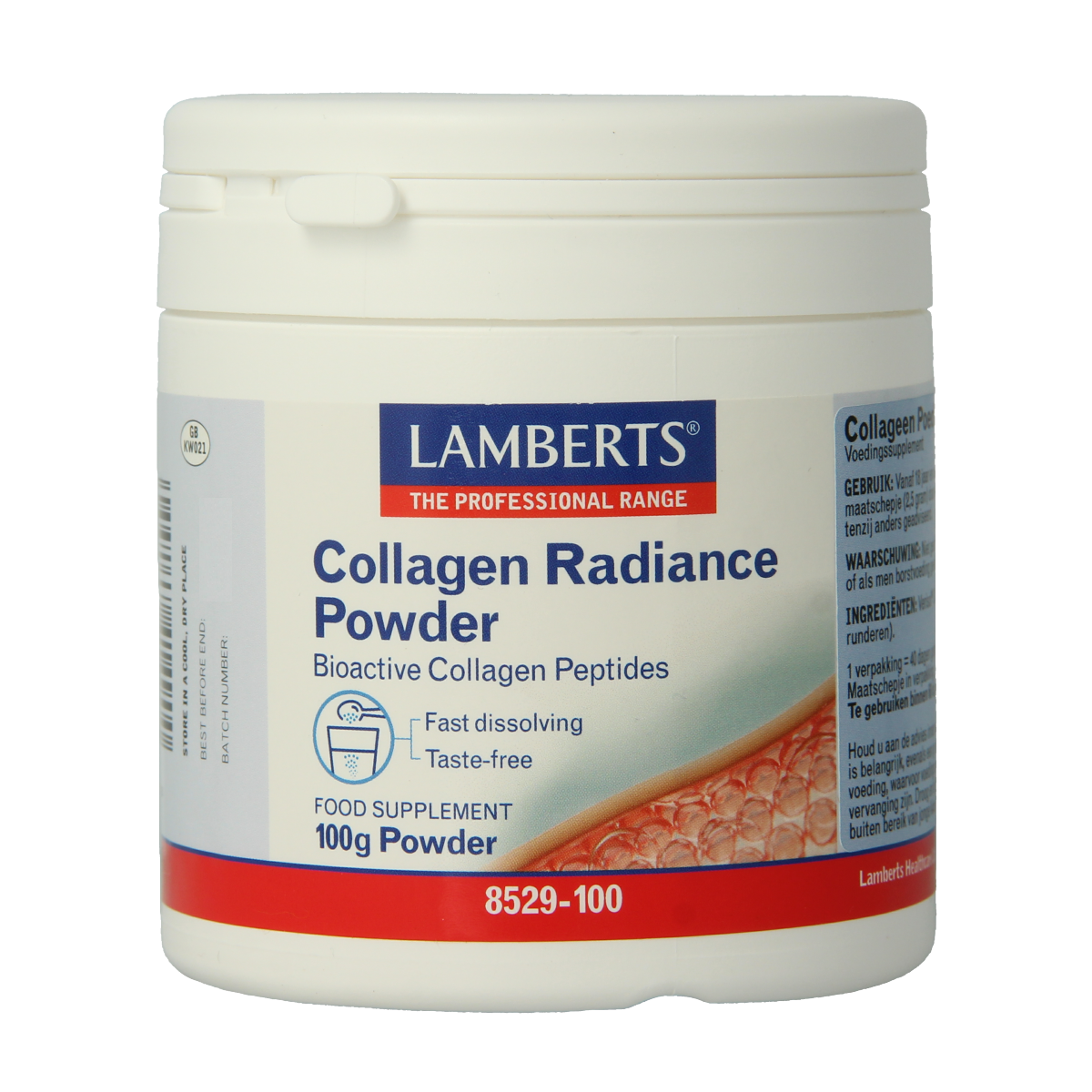 Lamberts Collageen poeder in 100g container, natural herbal supplement for skin and joint support, shown in the product image.