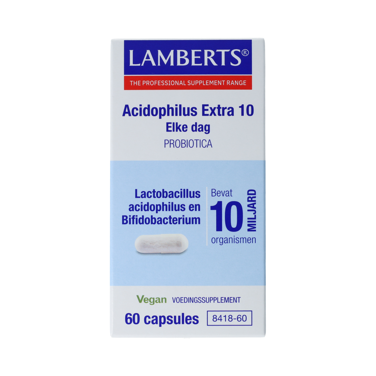 Lamberts Acidophilus Extra 10 probiotic capsules, micro-organism supplement in a bottle, shown with capsules in the image.