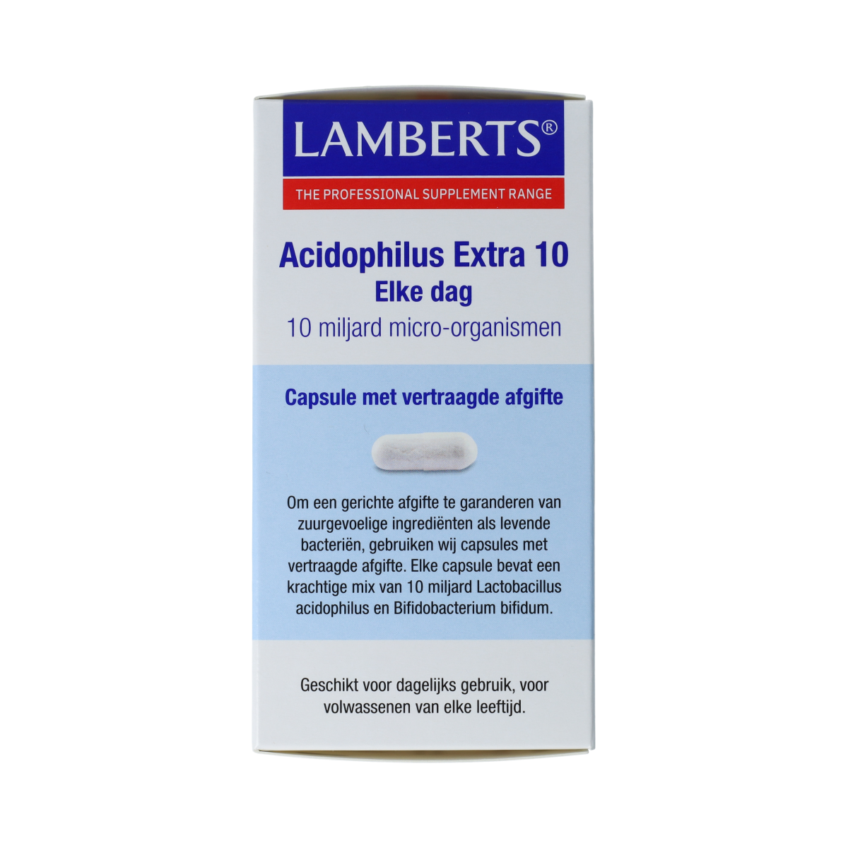 Lamberts Acidophilus Extra 10 probiotic capsules with micro-organisms, designed to support digestive health.