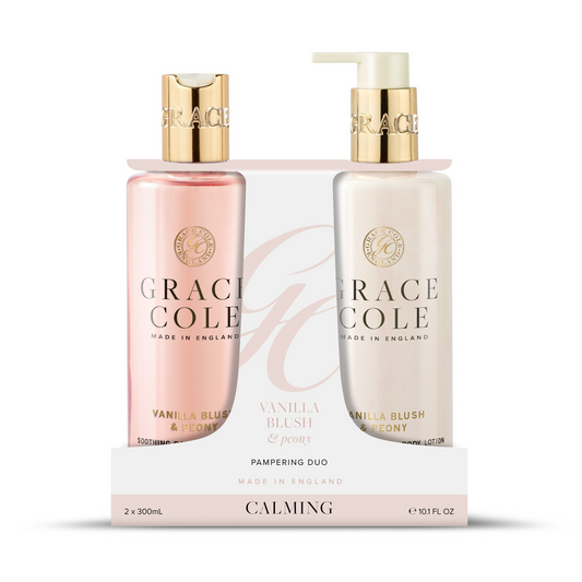 Grace Cole Vanilla Blush & Peony bodycare duo featuring two bottles of luxurious body lotion and shower gel.