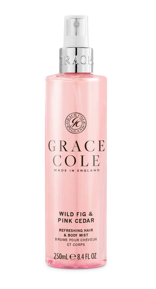 Grace Cole Wild Fig & Cedar hair and body mist bottle, 250ml, with a sleek, clear design and botanical-inspired label.