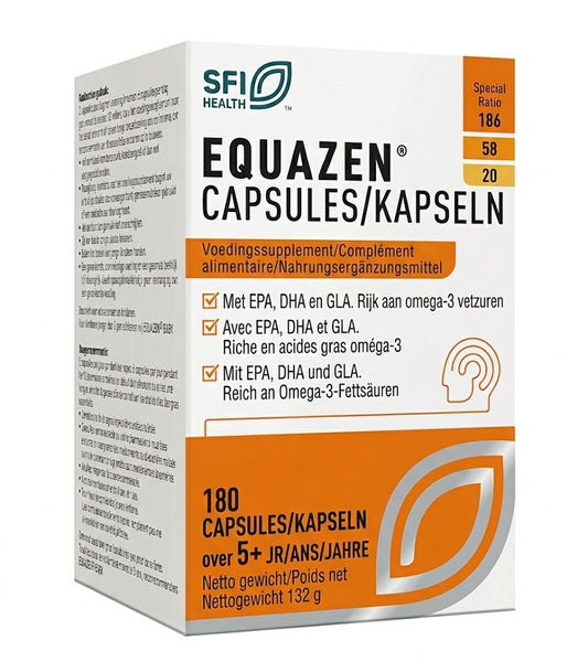 Equazen Omega 3-6 Vetzuren softgels in bottle, dietary supplement with softgel capsules for health support.