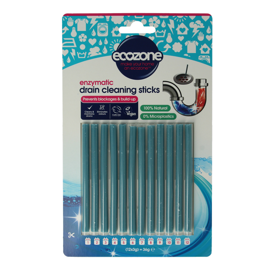 EcoZone drain unclogger sticks, set of 12, in green packaging, designed for effective bathroom and kitchen drain cleaning.