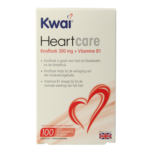 Kwai Heartcare knoflook dragees in a white container, herbal supplement for heart health, 100 dragees, natural herbal remedy.