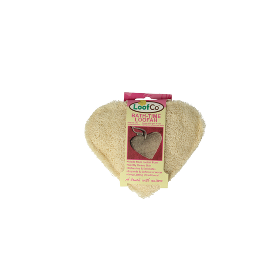 Loofco eco shower and bath sponge shaped like a heart, natural loofah material for gentle cleansing, single piece.