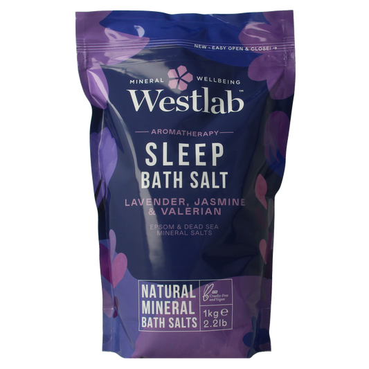 Westlab Badzout sleep bath salt in a 1kg container, designed for relaxing bath and shower experiences.