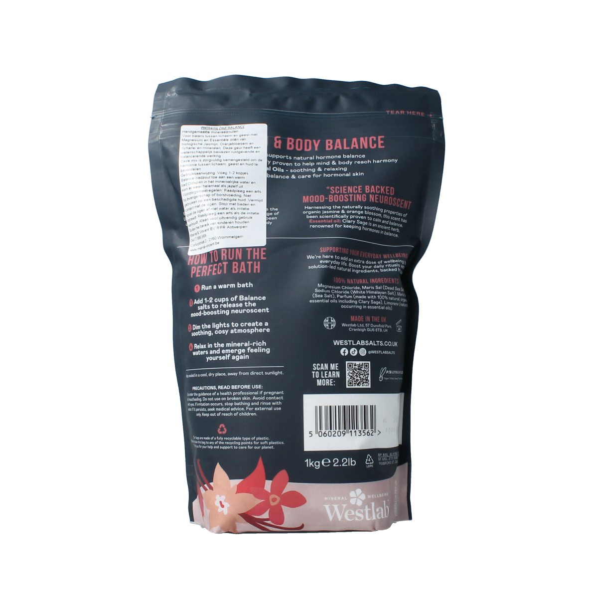 Westlab Badzout Wellbeing Balance bath and shower salt in 1000g container, natural mineral bath product.