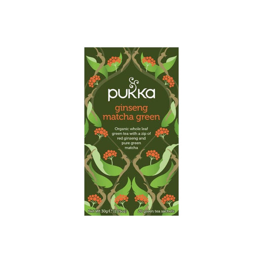 Pukka Ginseng Matcha Green tea in a box, featuring 20 bio tea bags with vibrant green tea leaves and ginseng roots.