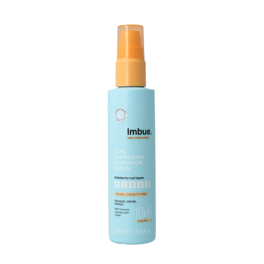 Imbue Curl Energise Hydration Serum bottle, 100ml, for hair care, featuring product label and transparent packaging.