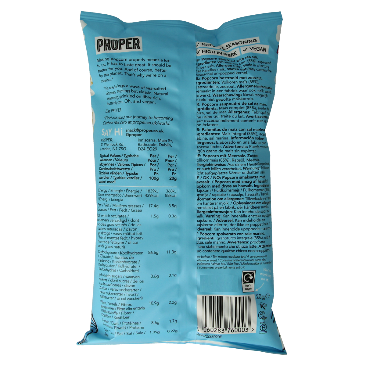 Proper Corn Corn Popcorn with lightly sea salted flavor, 20g bag, crispy chips and zoutjes snack in a colorful package