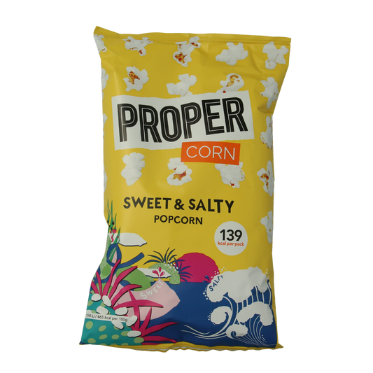 Proper Corn sweet and salty popcorn chips in a 30g bag, showcasing crispy popcorn with a sweet and salty flavor.