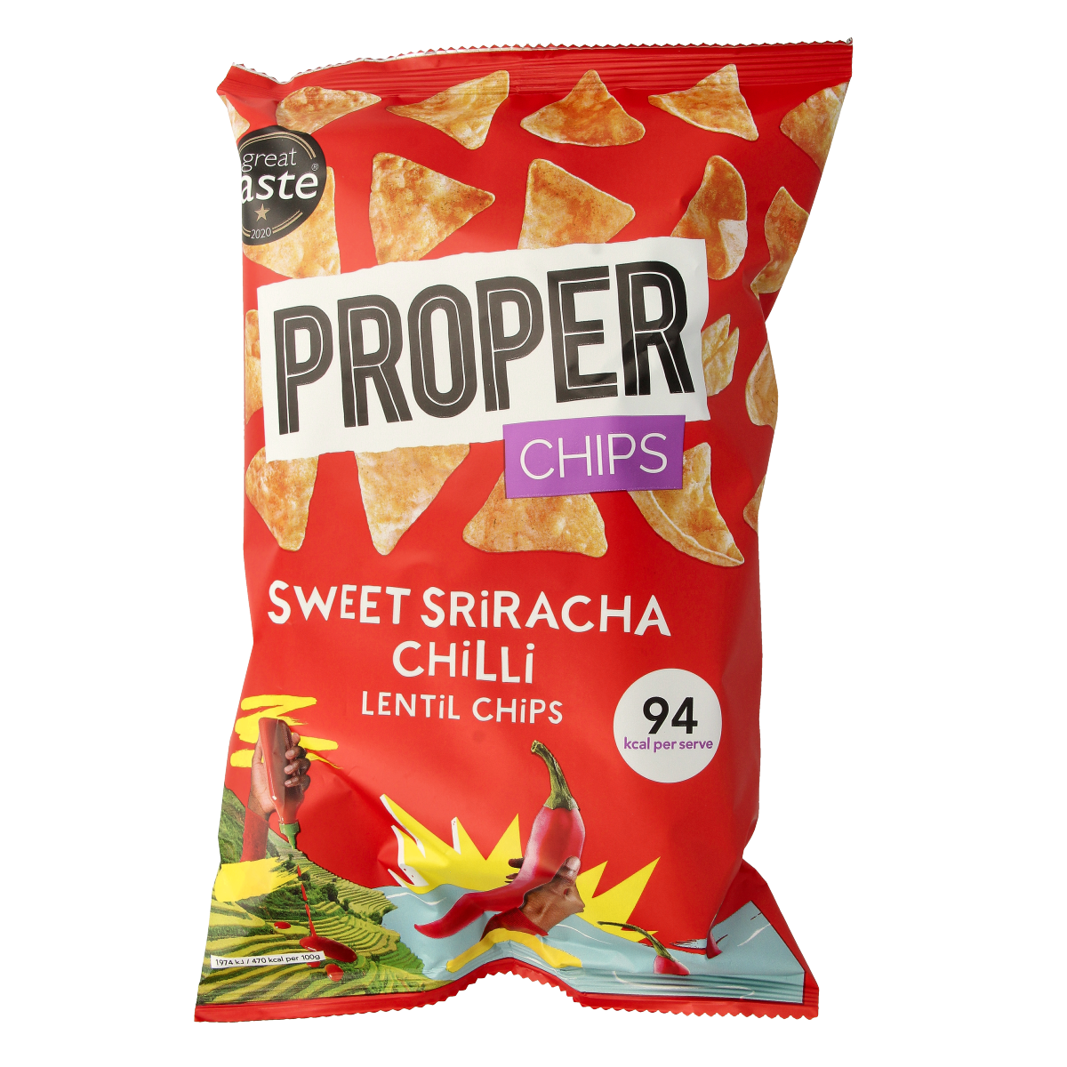 Proper Chips Sweet Sriracha gluten-free chips in an 85g bag, featuring vibrant packaging with spicy sriracha flavor.