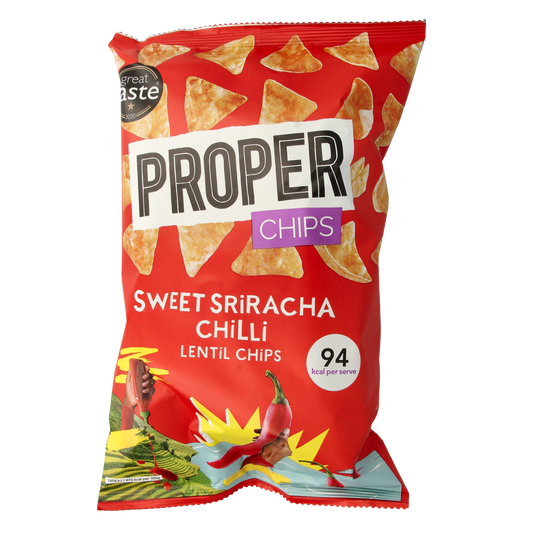 Proper Chips sweet sriracha gluten-free chips in an 85g bag, showing crispy, flavored chips with bright red sriracha seasoning.