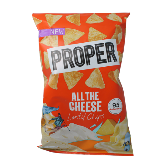 Proper Chips all the cheese gluten-free chips in an 85g bag, featuring crispy cheese-flavored snack chips.