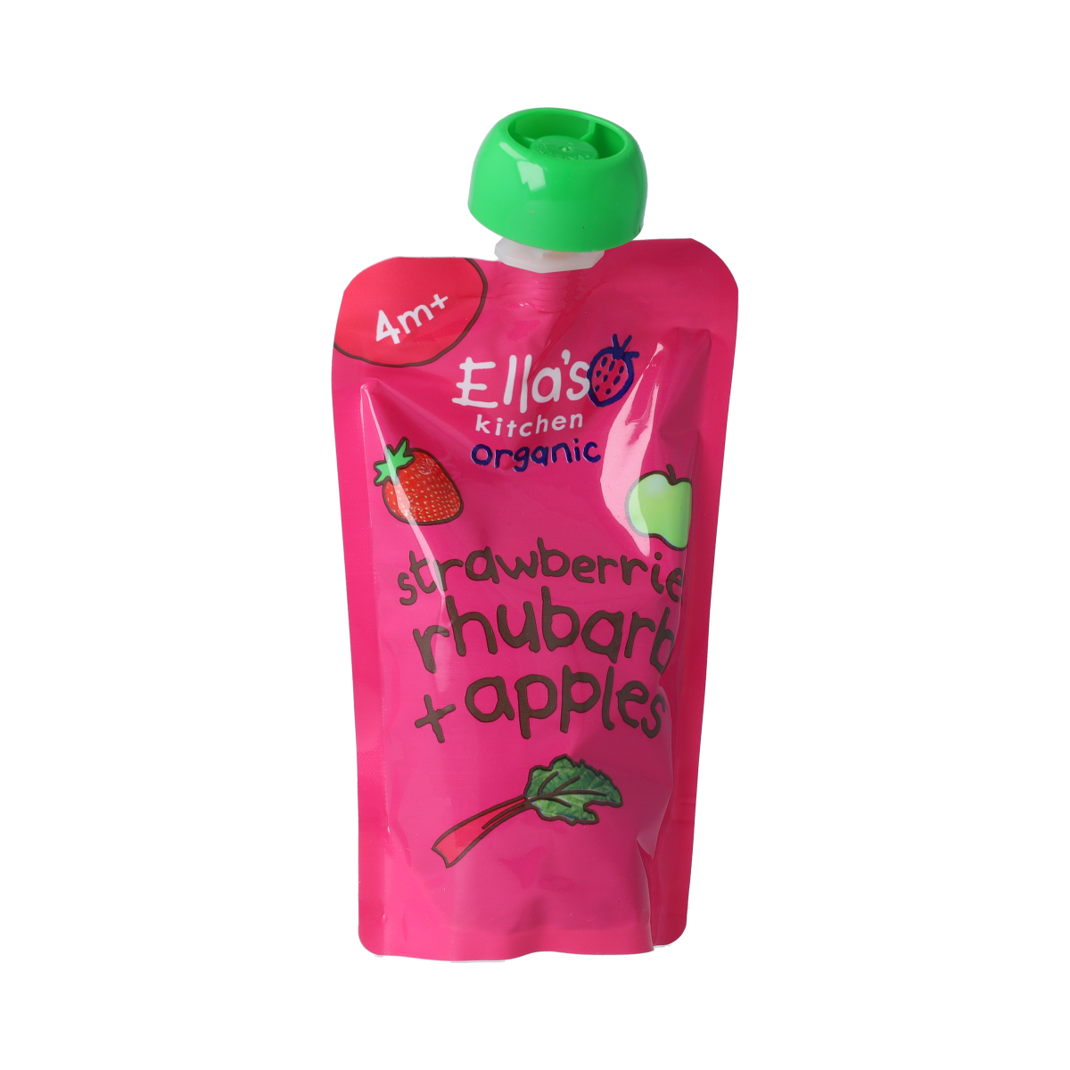 Ella's Kitchen organic strawberry, rhubarb, and apple baby food pouch for 4+ months, 120g, with colorful fruit illustration.