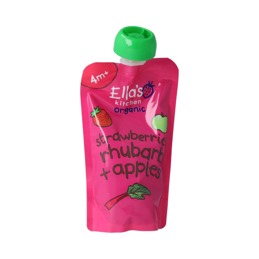 Ella's Kitchen organic strawberry, rhubarb, and apple baby food pouch for 4+ months, 120g, with colorful fruit illustration.
