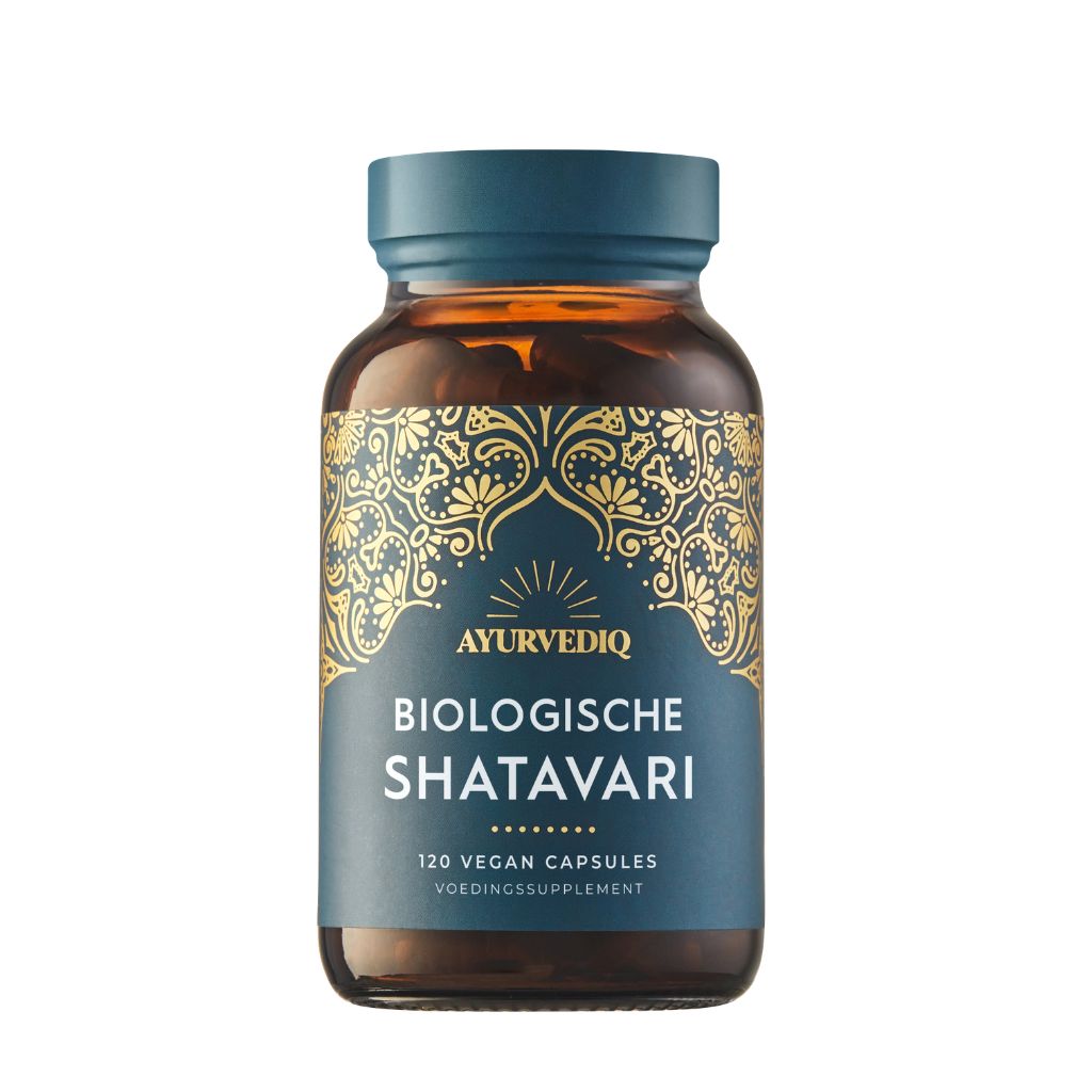 Ayurvediq Biologische Shatavari capsules in a bottle, herbal supplement for women’s health, natural Ayurvedic herbal preparation