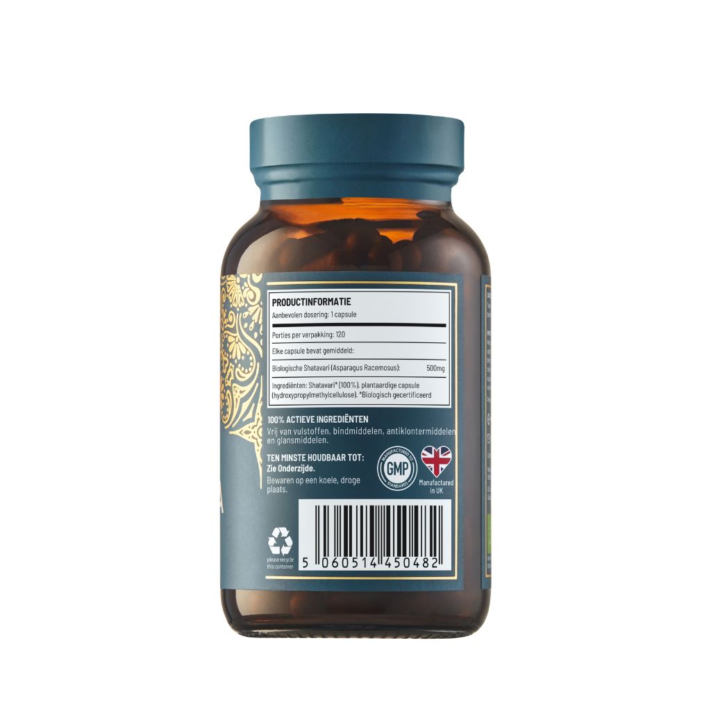 Ayurvediq biologische Shatavari capsules in a bottle, herbal supplement for women's health, natural Ayurvediq kruidenpreparaten.
