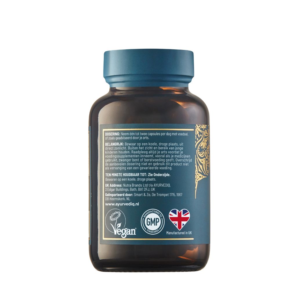 Ayurvediq Boswellia Serrata capsules in a bottle, herbal supplement for joint and inflammation support.