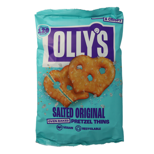 Olly's Pretzels Original chips with salt, 140g, showing golden pretzels in a clear bag, brand logo visible.