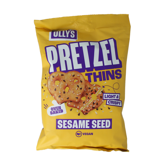 Olly's sesame pretzels in a 140g bag, crispy snack with sesame seeds, suitable as a tasty snack or quick bite
