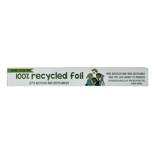 Eco Green Living aluminium foil roll, 10 meters, household trash bags and foil for kitchen use, with packaging and product details.