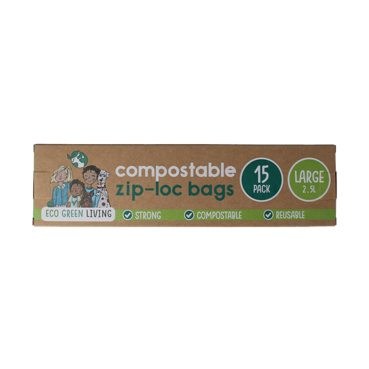 Eco Green Living reusable 2.5L trash storage bags, set of 15, with resealable closure, made of durable household plastic film.