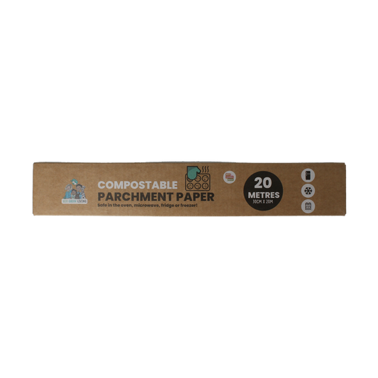 Eco Green Living compostable baking paper roll, 20 meters, with eco-friendly packaging and natural brown color for cooking and baking.