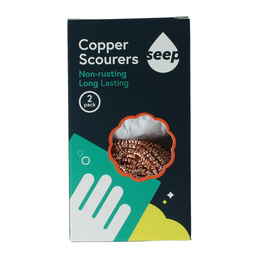 Seep copper scrubbing sponges, 2-pack, used for cleaning and scrubbing surfaces in household cleaning tasks.