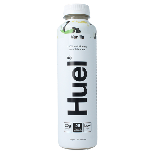 Huel White Edition Vanilla meal replacement shake in 500ml bottle, featuring a sleek white design and vanilla flavor label.