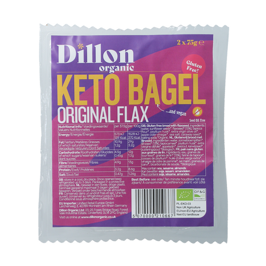 Dillon Organic gluten-free flaxseed bagel from the organic bagel line, 150g, shown on a white background.