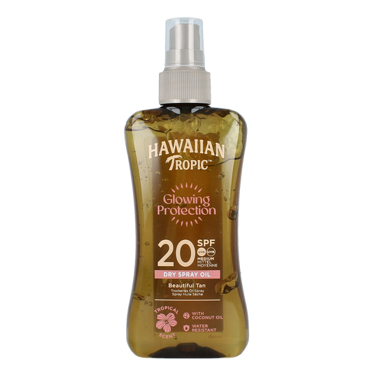 Hawaiian Tropic SPF 20 Protect Oil, 200ml bottle, sun protection tanning oil with tropical scent, for outdoor sunbathing.