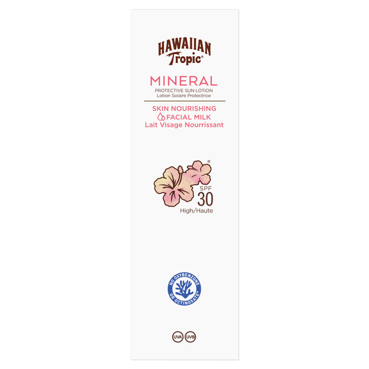 Hawaiian Tropic Mineral sunmilk face SPF30 bottle, 50ml, with white cap and label, designed for facial sun protection.