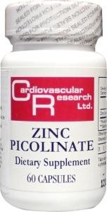 Cardio Vasc Res Zink Picolinate 25mg mineral capsules, showing 60 capsules in a container with label.