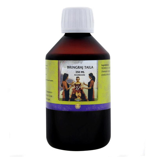 Holisan Bringraj Taila 250ml bottle for body care, featuring a clear liquid in a plastic container with a label.