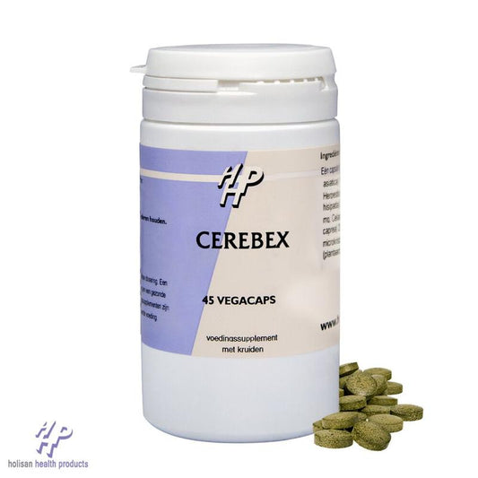 Holisan Cerebex 45 vegetarian herbal capsules, showing the supplement bottle with label and capsule close-up.
