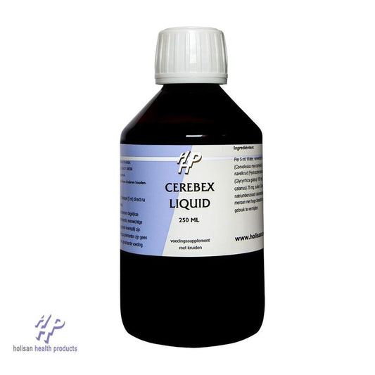 Holisan Cerebex liquid herbal supplement in a 250ml bottle, with a dropper and herbal ingredients visible.