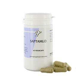 Holisan Saptamlo 60 vegetarian herbal capsules in a clear bottle with a white label, showing the capsules inside.