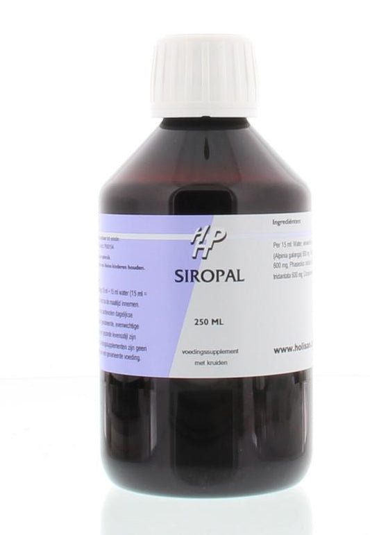 Holisan Siropal herbal preparation in a 250ml bottle, featuring natural ingredients and herbal remedy packaging.