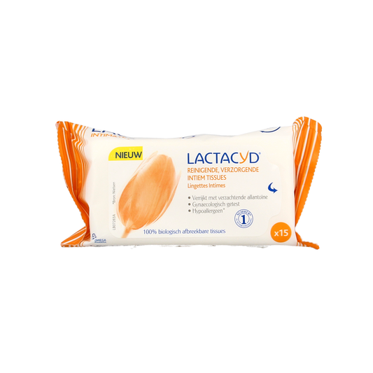 Lactacyd tissues for women's hygiene, 15-pack, soft disposable wipes with gentle cleansing properties.