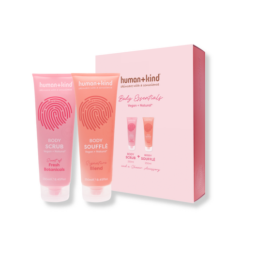 Human+Kind gift set with body essentials, including skincare products in a sleek package, for nourishing body care.