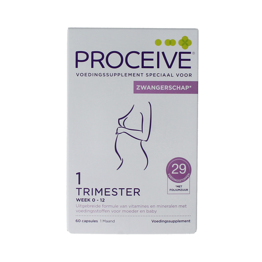 Proceive Kinderwens trimester 1 multivitamin capsules in a bottle, designed to support early pregnancy health.