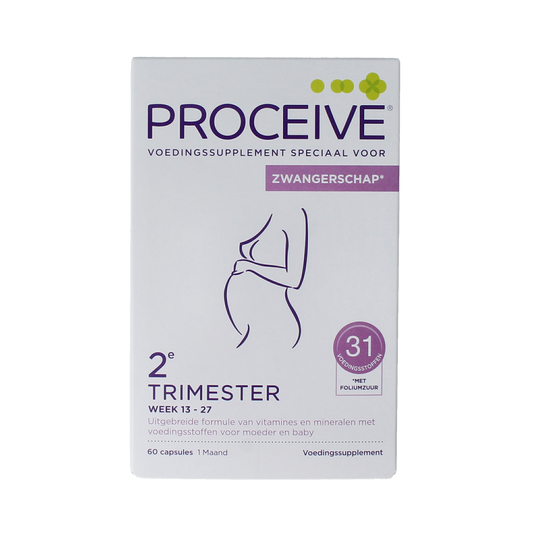 Proceive Kinderwens trimester 2 multivitamin capsules in a bottle with a white label and capsule images.