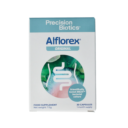 Alflorex Original vegetarian capsules, dietary supplement with 30 capsules, featuring label and capsule images.