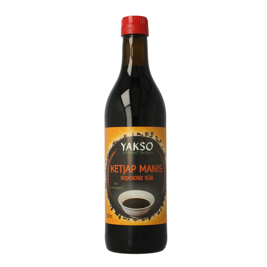 Bottle of Yakso Bio Ketjap Manis sauce, 500ml, in a clear plastic container with a yellow label and dark brown sauce inside.