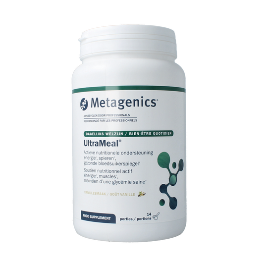 Metagenics Ultra Meal Vanille amino acid supplement in 630g container, featuring vanilla flavor and nutritional ingredients.