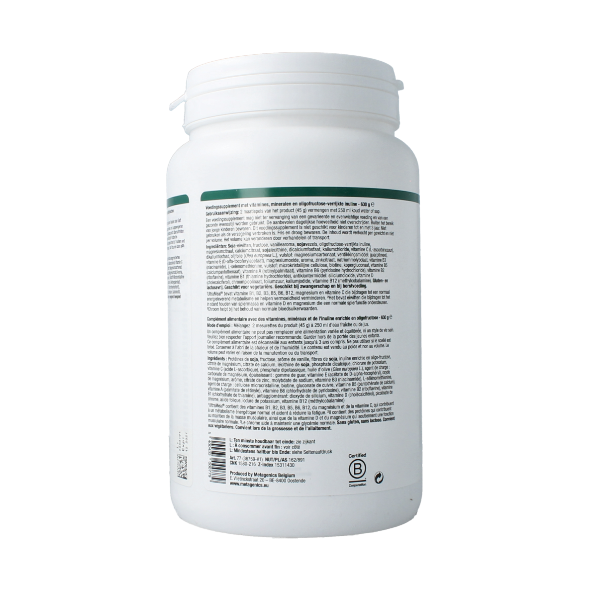 Metagenics Ultra Meal Vanille amino acid supplement container, 630g, with product label and scoop visible.