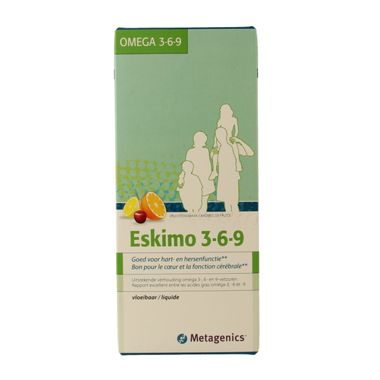 Metagenics Eskimo 3-6-9 omega fatty acids in a 210ml bottle, showing the Vetzuren supplement with fish oil and plant-based ingredients.