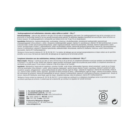 Metagenics Multigenics Femina multivitamin sachets showing colorful individual packets and supplement branding.